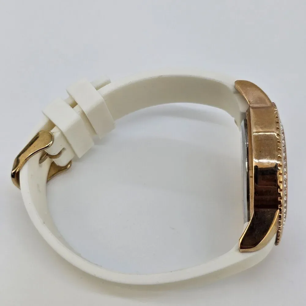 Women's Watch 39MM Gold Dial Case Crystal Bezel White Plastic Bands New‎ Battery